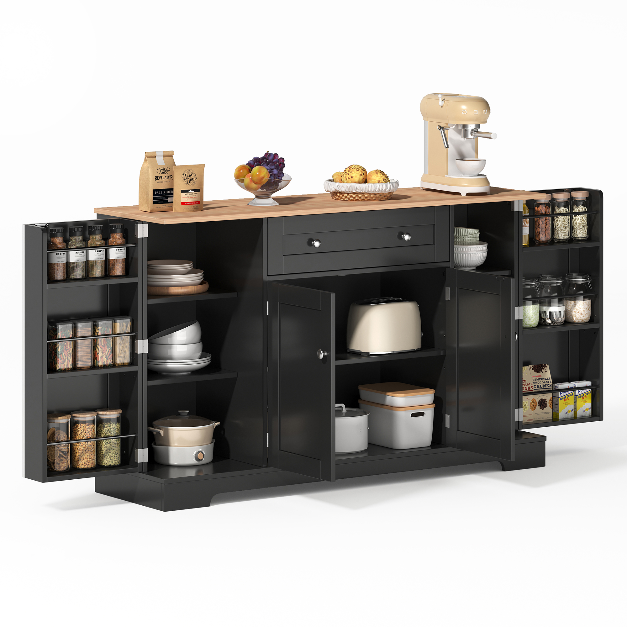 Elvmi Küchenbuffet Mit 1 Schublade, 3 Schränken Und Verstellbaren Einlegeböden, Kippsicherung, Mdf Schwarz