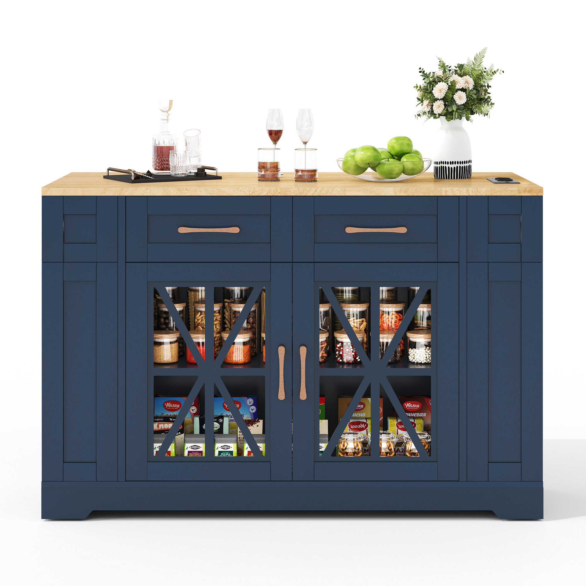 Elvmi Küchenwagen Mit 2 Glastüren, Schubladen, 6 Regalen, Steckdosen Und Usb, Mdf, 120 X 40(65) X 92 Cm, Blau Neutral