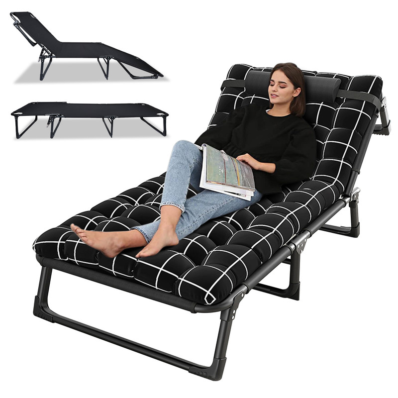 Fianao – Campingliege – Ruheliege – Faltbar, 4-fach Verstellbar, Mit Kissen – Für Außenbereich, Büro, Pool, Terrasse & Strand – Maße: 190 × 75 × 30 Cm – Schwarz