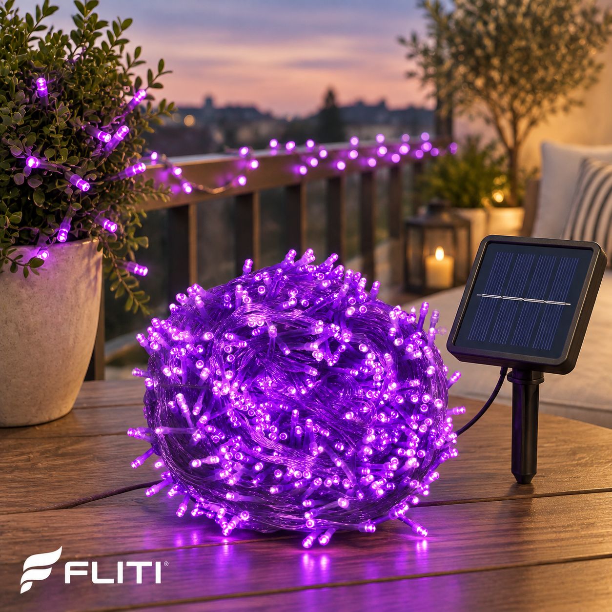 Fliti 12 M Lange, Violette Led-lichterkette Für Den Außenbereich, 100 % Solarbetrieben, 8 Modi, Uv-beständig