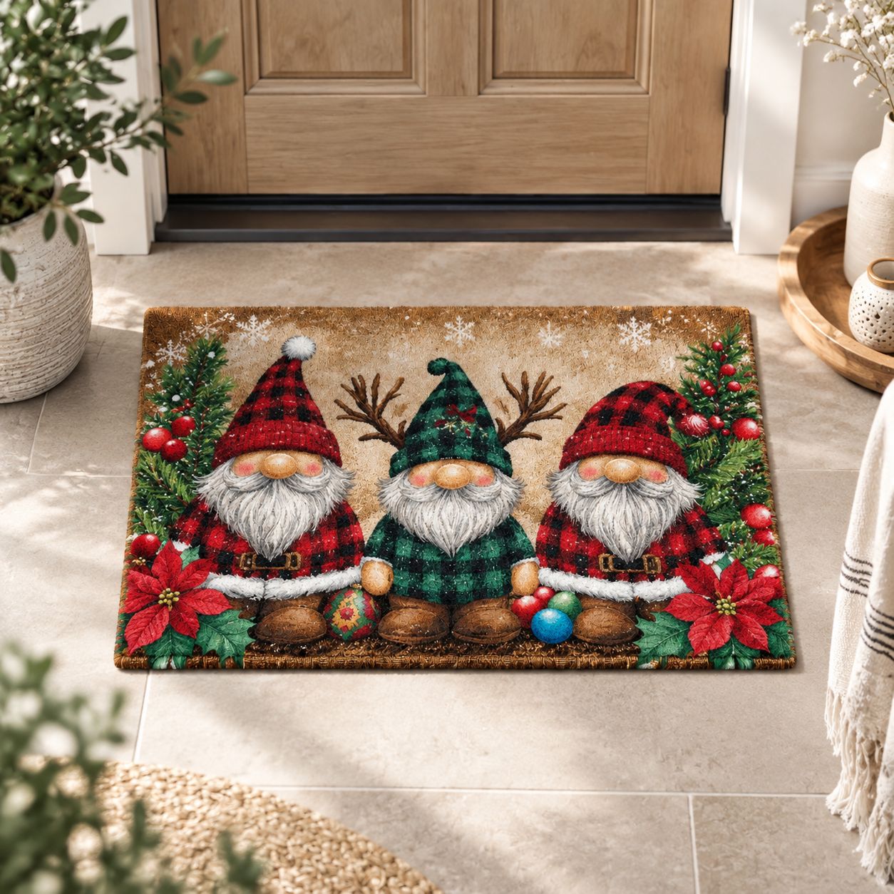 Fliti Weihnachtliche Fußmatte 40×60cm Mit Schneeflocken- Und Schneemannmotiv, Rot