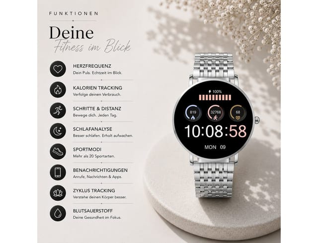 XCOAST SIONA2 ultraflache Damen Smartwatch (4,2 cm/1,3 Zoll), 1-tlg., Edelstahl, Nachrichtenempfang, Anrufanzeige, 7 Tage Akku, Blutdruck, Wasserdicht, Puls, Kalorien, AMOLED Display