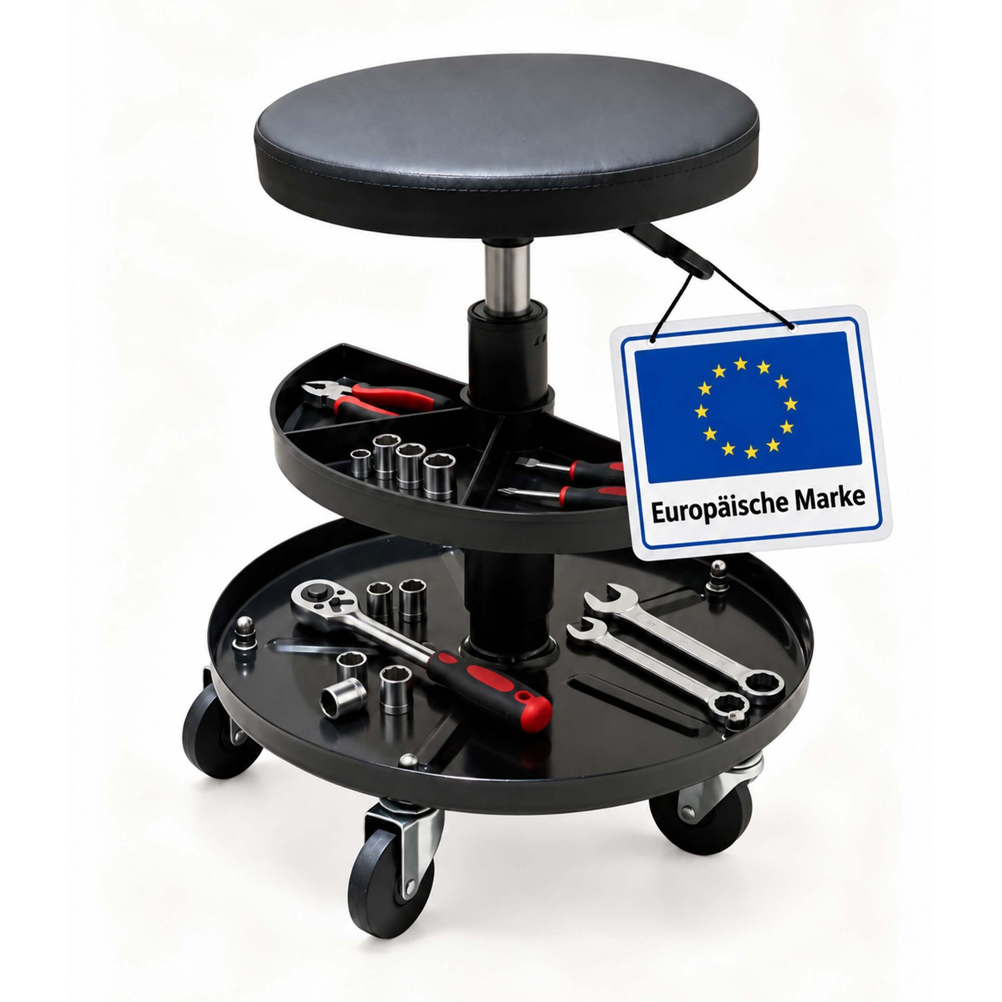 Relaxdays Werkstatthocker, Rollen, Höhenverstellbar, Montagehocker, Ablage, 5 Rollen, Hxd: 42-56x38 Cm, Metall, Schwarz