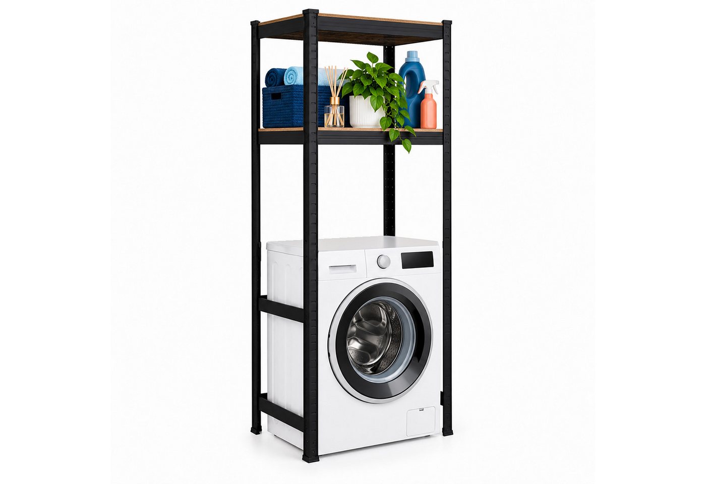 Relaxdays Waschmaschinenregal, Hxbxt: 150 X 70 X 40 Cm, 2 Böden, 400 Kg, Stahl, Mdf, Stecksystem, Regal, Schwarz/braun Bild 3