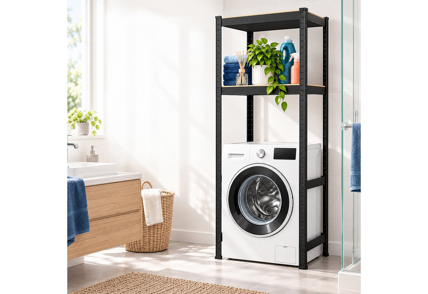 Relaxdays Waschmaschinenregal, Hxbxt: 150 X 70 X 40 Cm, 2 Böden, 400 Kg, Stahl, Mdf, Stecksystem, Regal, Schwarz/braun Bild 4