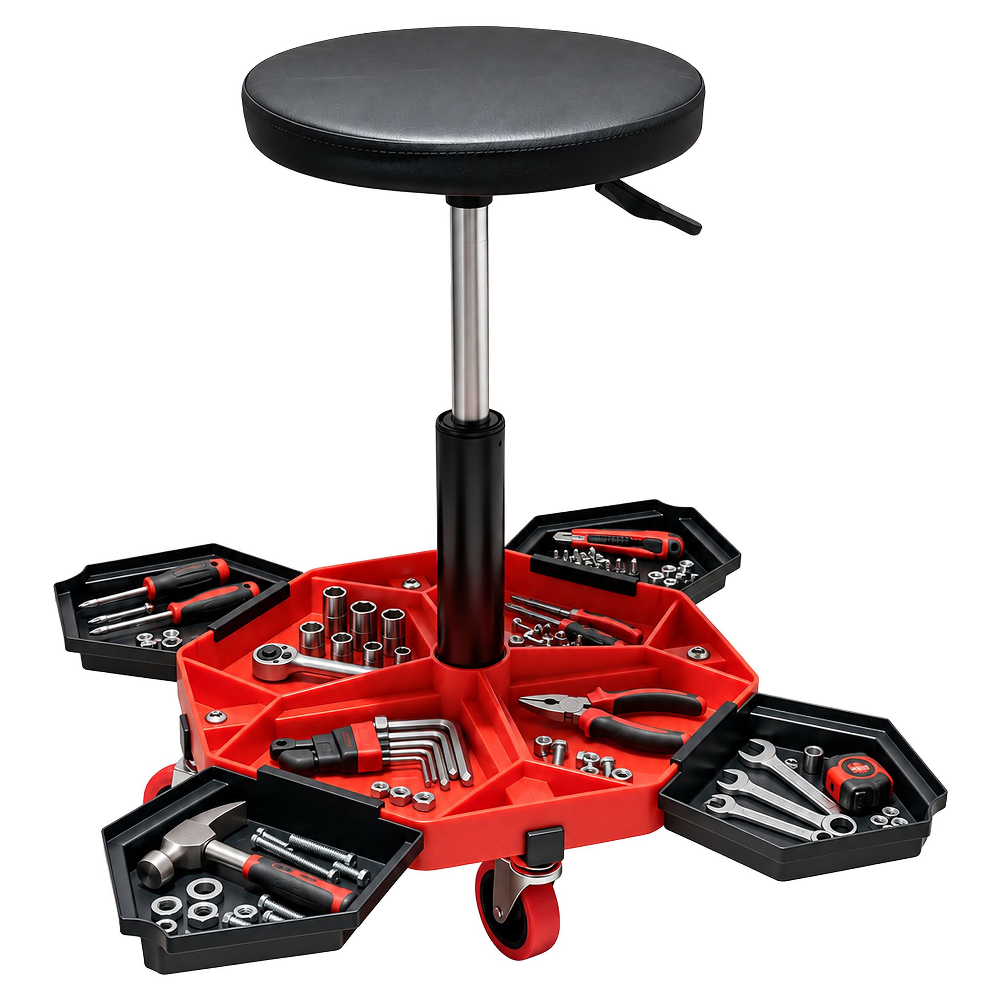 Relaxdays Werkstatthocker, Rollen, Höhenverstellbar, Montagehocker, 136kg, Hbt 54x43x43cm, 4 Fächer, Metall, Schwarz-rot