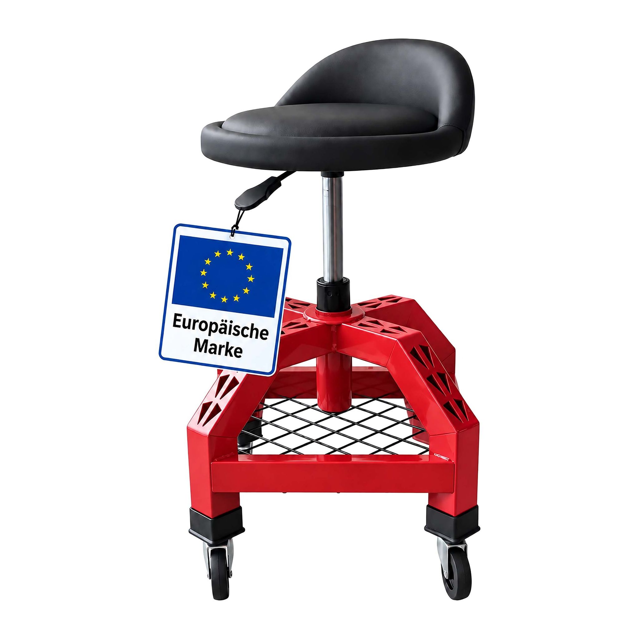 Relaxdays Werkstatthocker. Rollen, Höhenverstellbar, Montagehocker, 136kg, Hbt 50x40x40cm, Gasdruckfeder, Metall, Rot