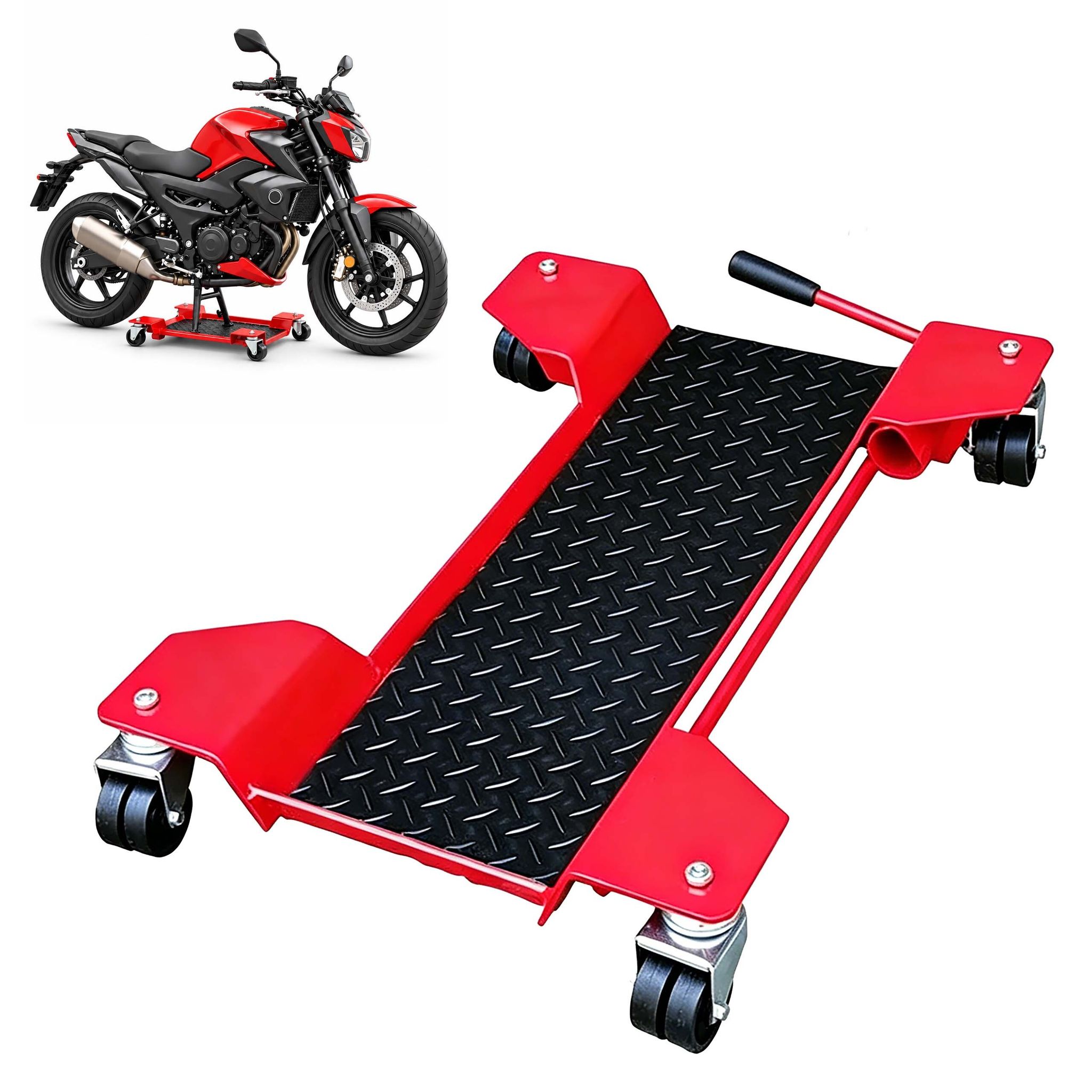 Relaxdays Motorrad Rangierhilfe, Bis 250 Kg, 360° Schwenkbar, 4 Doppellenkrollen, 56 X 19 Cm Rangierplatte, Stahl, Rot
