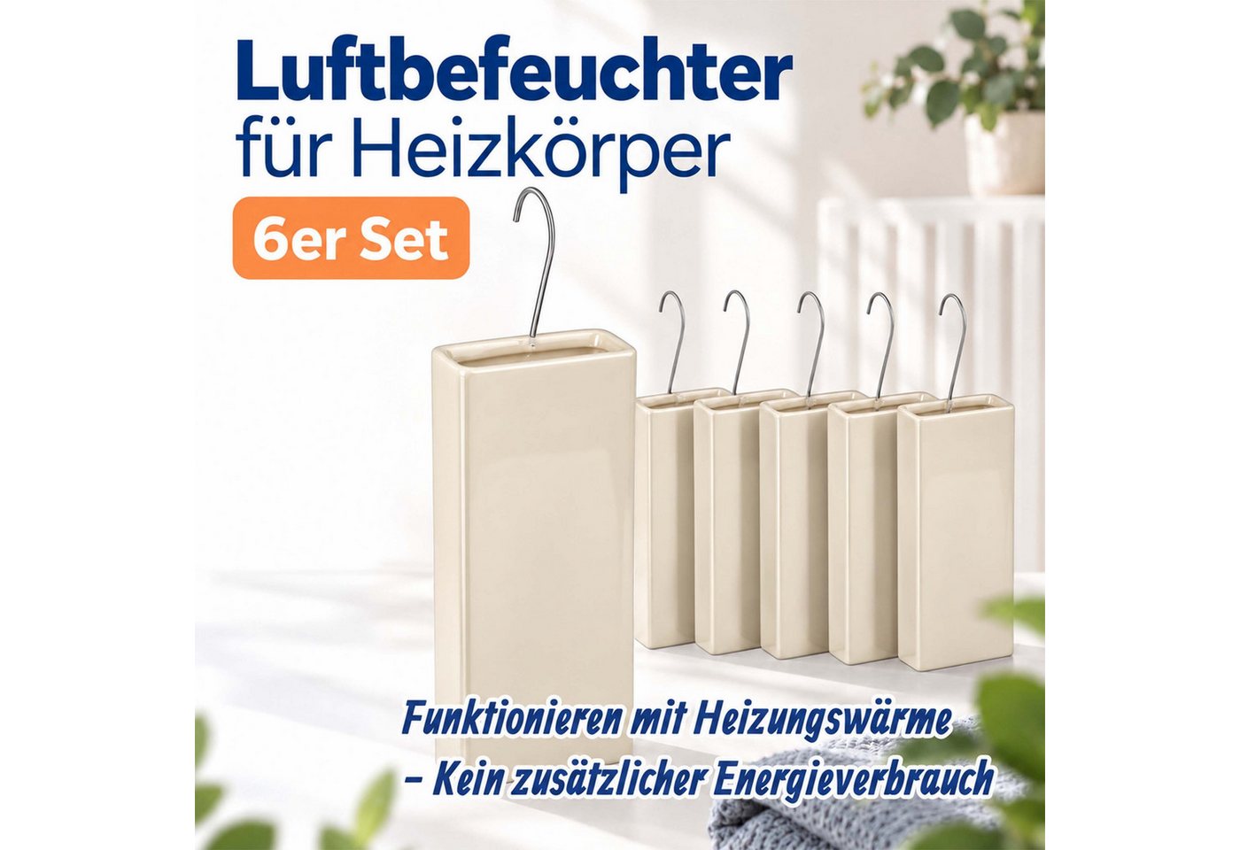 Relaxdays Luftbefeuchter Heizkörper, 6er Set, Wasserverdunster Für Heizung, Zum Hängen, Keramik, Raumbefeuchter, Beige Bild 2