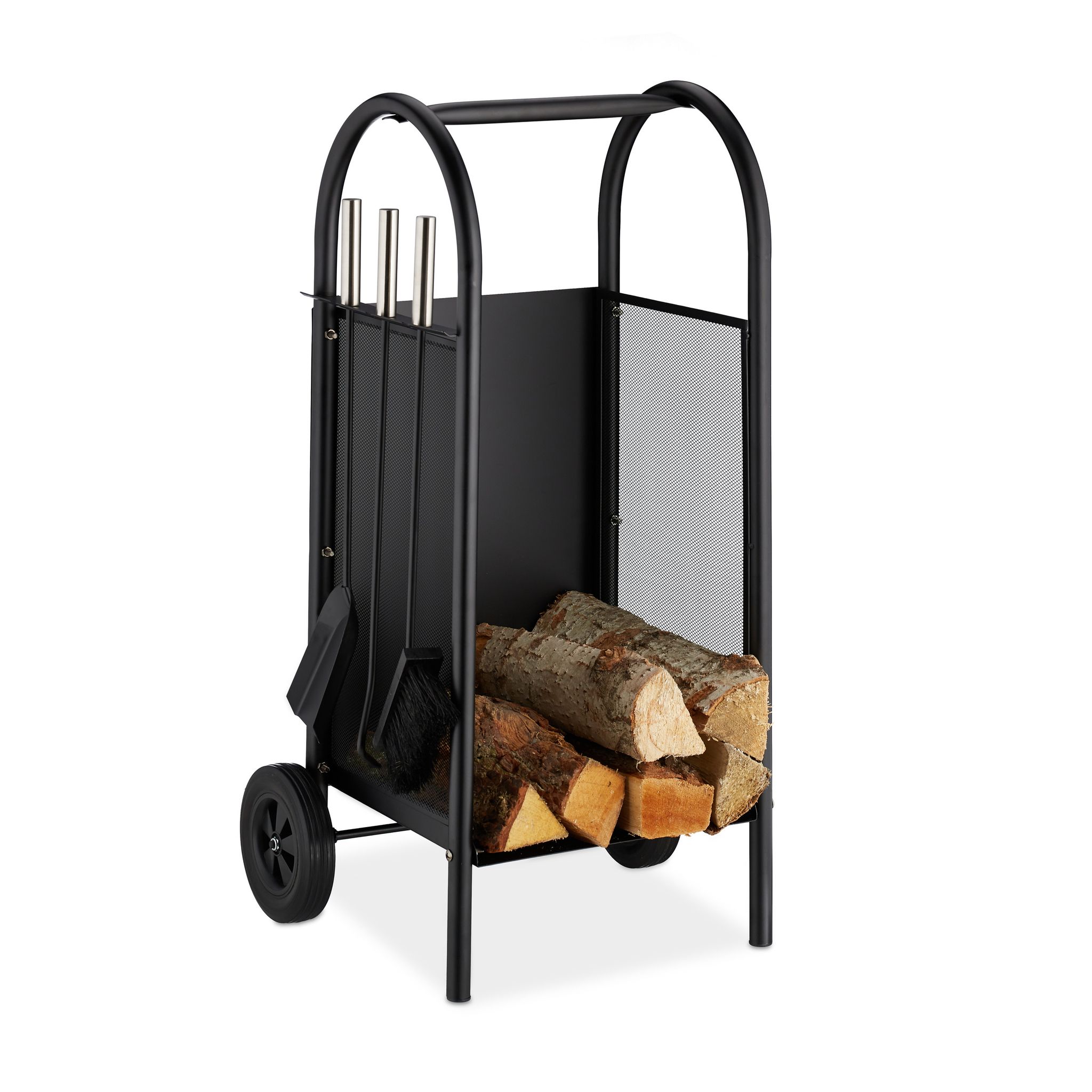 Kaminholzwagen Mit Besteck, Brennholzkarre Stahl, Kaminbesteck 3-teilig, Schaufel, Besen & Schürhaken, Schwarz - Relaxdays