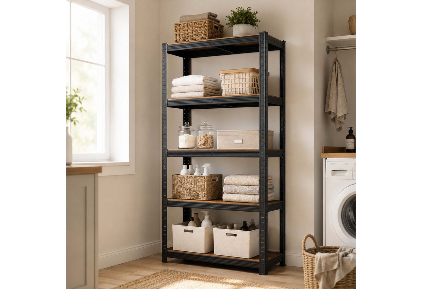 Relaxdays Schwerlastregal, 500 Kg, Hbt: 200 X 90 X 60 Cm, 5 Ebenen, Holzoptik, Lagerregal, Stahl & Mdf, Schwarz/ Braun