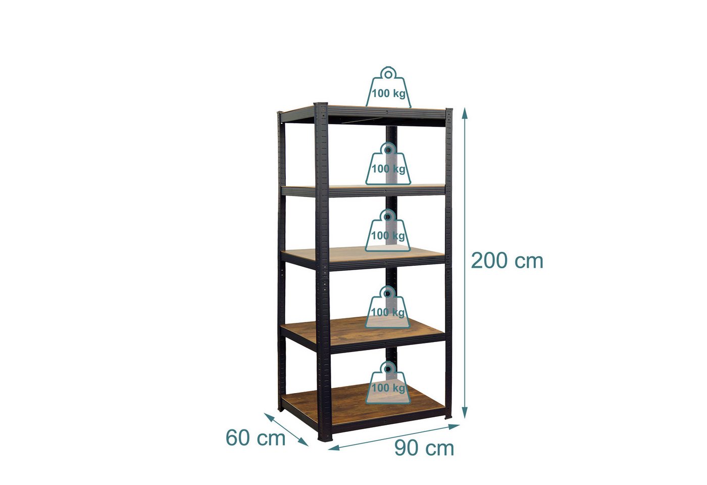 Relaxdays Schwerlastregal, 500 Kg, Hbt: 200 X 90 X 60 Cm, 5 Ebenen, Holzoptik, Lagerregal, Stahl & Mdf, Schwarz/ Braun Bild 2