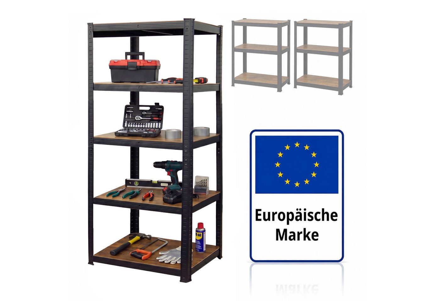 Relaxdays Schwerlastregal, 500 Kg, Hbt: 200 X 90 X 60 Cm, 5 Ebenen, Holzoptik, Lagerregal, Stahl & Mdf, Schwarz/ Braun Bild 3