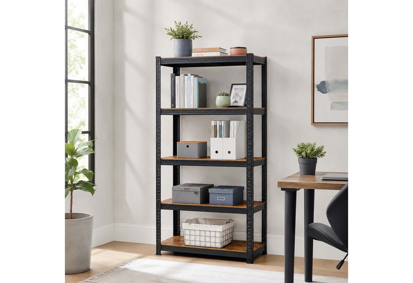 Relaxdays Schwerlastregal, 500 Kg, Hbt: 200 X 90 X 60 Cm, 5 Ebenen, Holzoptik, Lagerregal, Stahl & Mdf, Schwarz/ Braun Bild 5