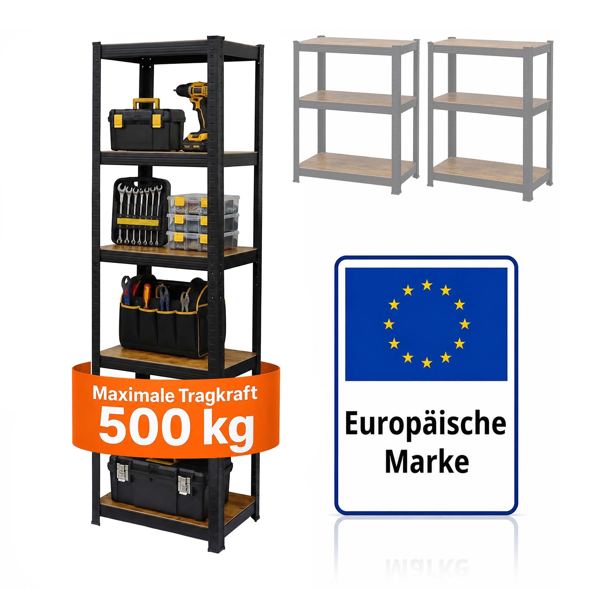 Relaxdays Schwerlastregal, 500 Kg, Hbt: 200 X 60 X 60 Cm, 5 Ebenen, Holzoptik, Lagerregal, Stahl & Mdf, Schwarz/ Braun