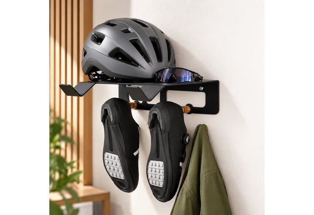 Relaxdays Fahrrad Wandhalterung, Ablage & Haken, 3in1 Radhalter, Bis 30 Kg, Hbt: 9,5x35x30,5 Cm, Stahl & Holz, Schwarz
