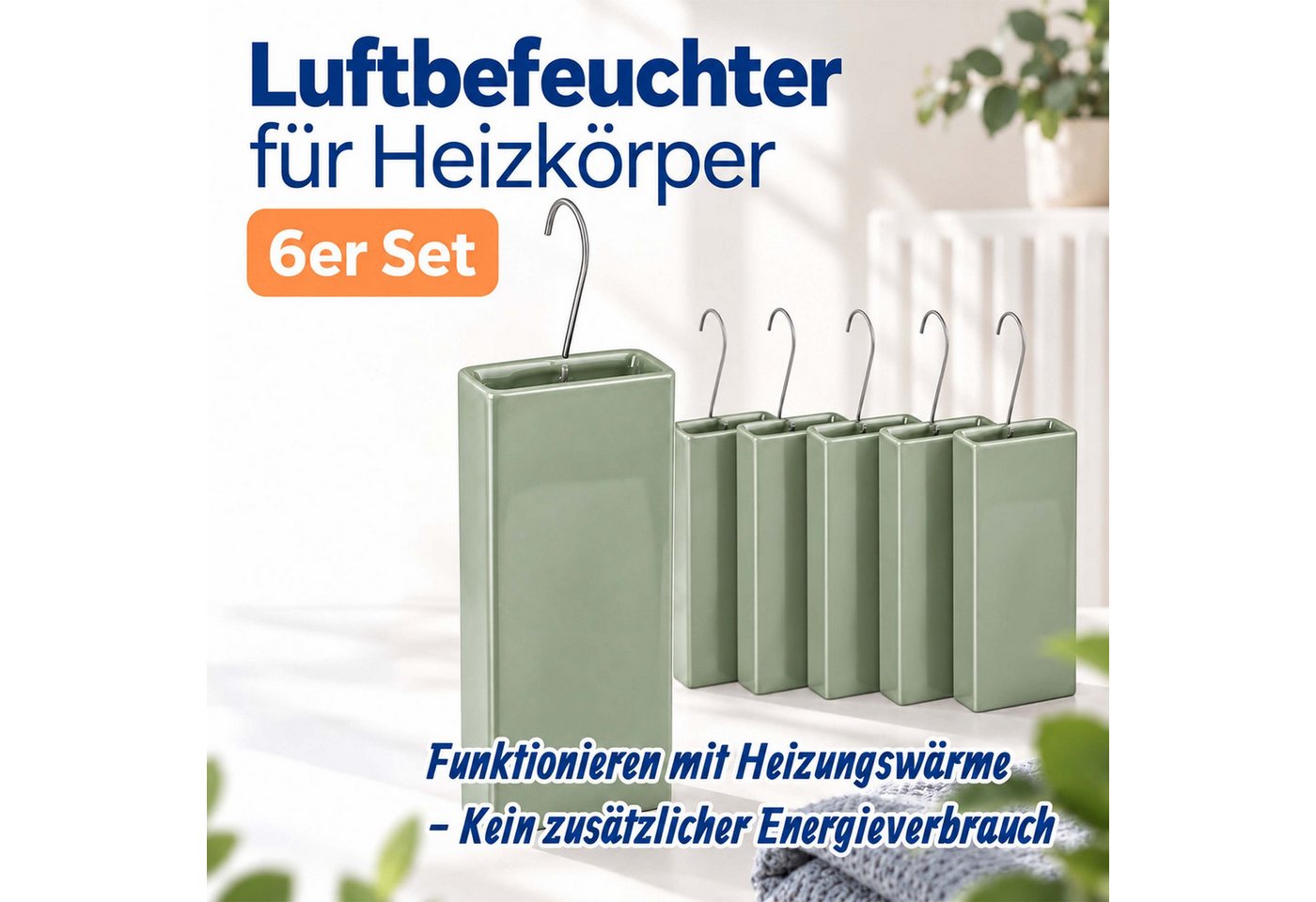 Relaxdays Luftbefeuchter Heizkörper, 6er Set, Wasserverdunster Für Heizung, Zum Hängen, Keramik, Raumbefeuchter, Salbei Bild 2