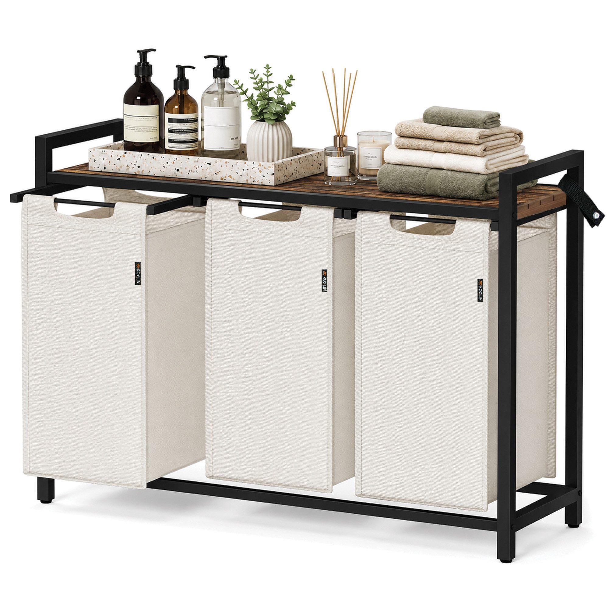 Roxlin Wäschekorb Mit 3 Fächern 120l – Wäschesortierer Mit Ablage & Metallgestell, Schmutzwäschekorb Wäsche Organizer Für Bad, Schlafzimmer & Waschküche - Creme