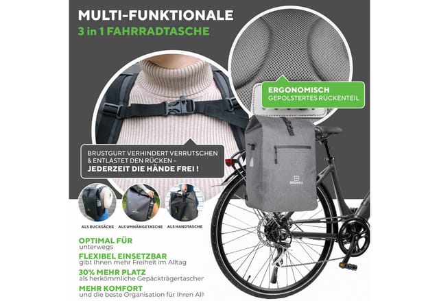 Bronea Fahrradtasche 3-in-1 Wasserdicht - 28L - GREY- Kombi Rucksack & Umhängetasche (Schnellmontage an Gepäckträger, Integrierte Laptoptasche), PVC-frei - Reflektierende Elemente - Gepolsterte Rückwand