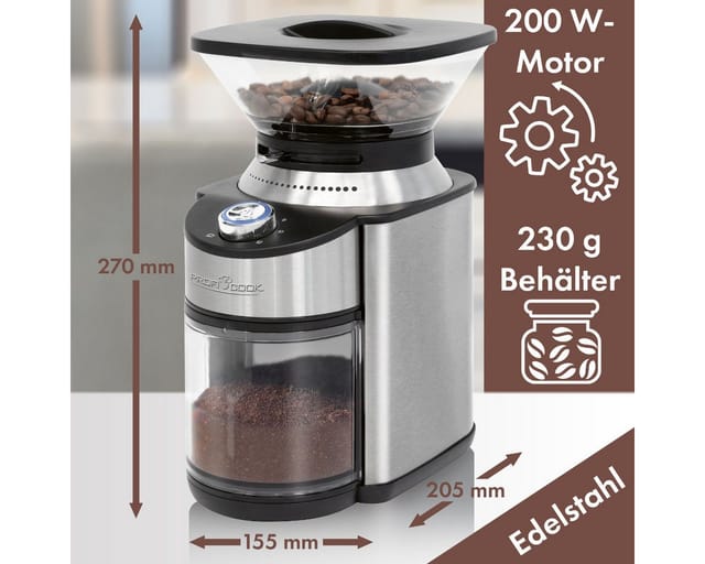 ProfiCook Kaffeemühle PC-EKM 1205, Kaffeemühle elektrisch mit Edelstahl-Kegelmahlwerk