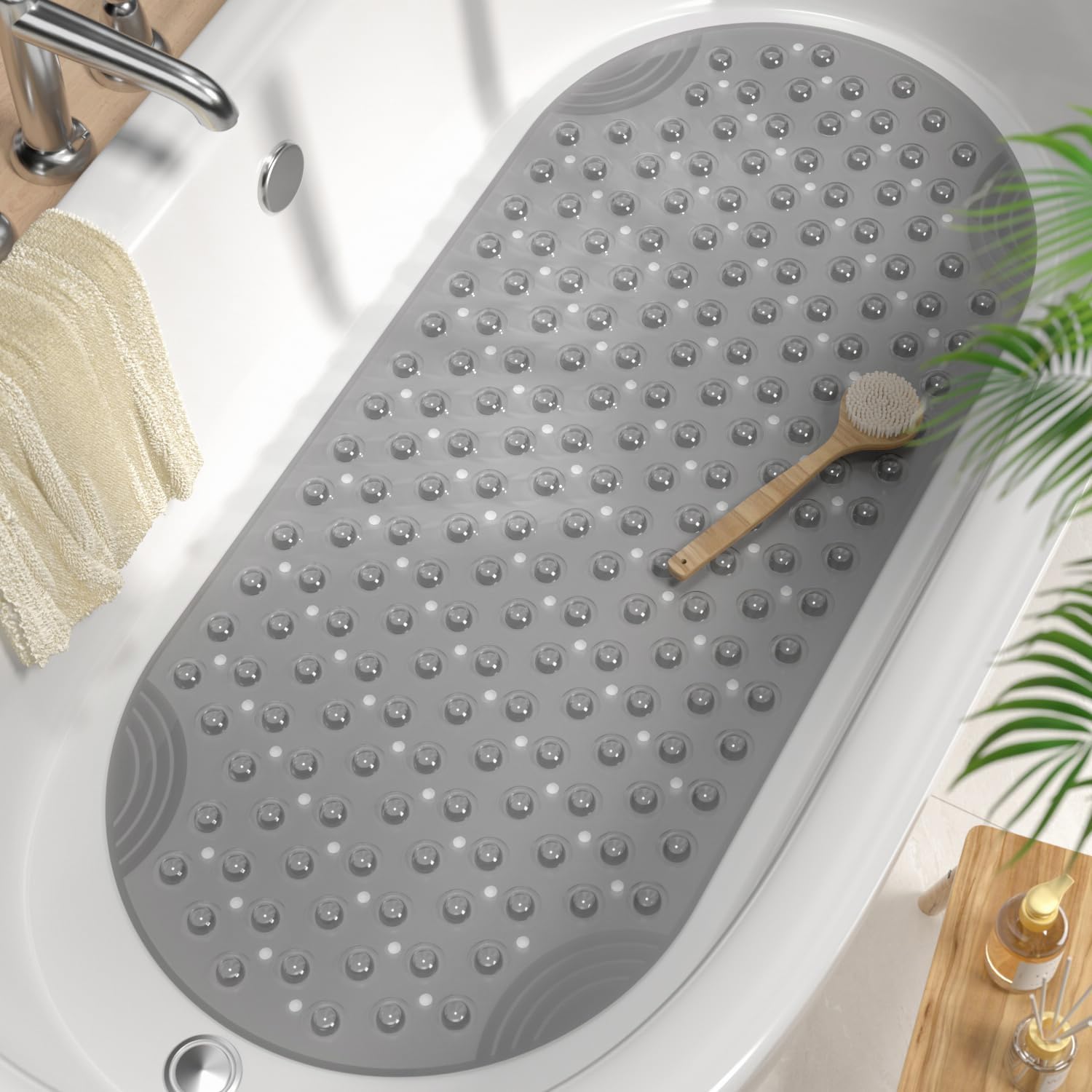 Oval Badewannenmatte Rutschfest 88 X 40 Cm, Lange Schimmelresistent Badematte, Badezimmer Duschmatte Rutschfest Bpa Frei, Maschinenwaschbar , Grau