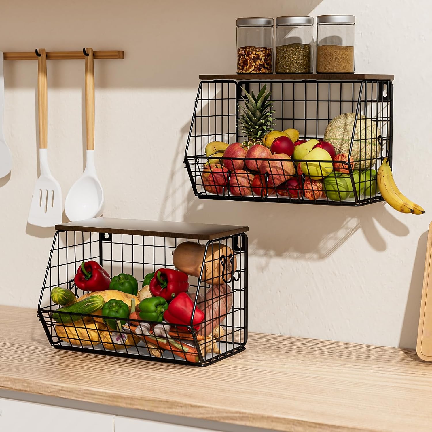 2 Stück Obstkorb Hängend Wand Obstkorb Aus Metall Obstkorb Wand Wandregal Für Obst Und Gemüse Stapelbar Für Küche Speisekammer