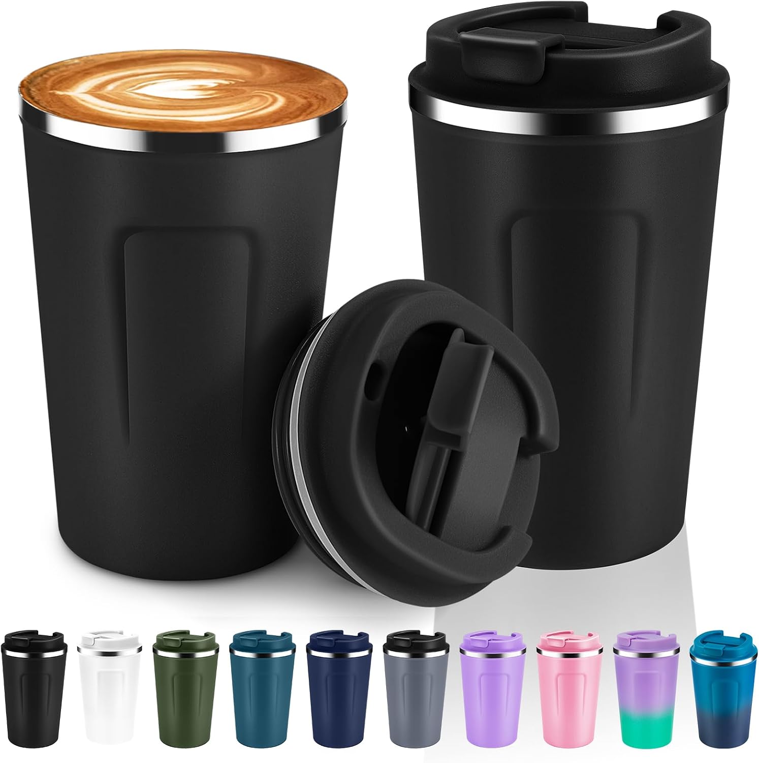 Volhoply 360ml 12oz Doppelwandige, Isolierte Vakuum-reisebecher Mit Klappdeckel, 2er-pack, Wiederverwendbarer, Auslaufsicherer Edelstahl-kaffeebecher, Thermobecher Für Heiße Und Kalte Getränke (schwar