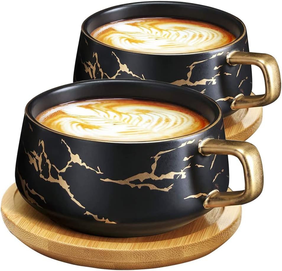 2 Stücke Cappuccino Tassen Mit Unterteller, Tasse Marmor, 300 Ml Espressotassen Aus Porzellan Für Tee Kaffee,kaffee-tassen Mit Holzscheibe (schwarz2)