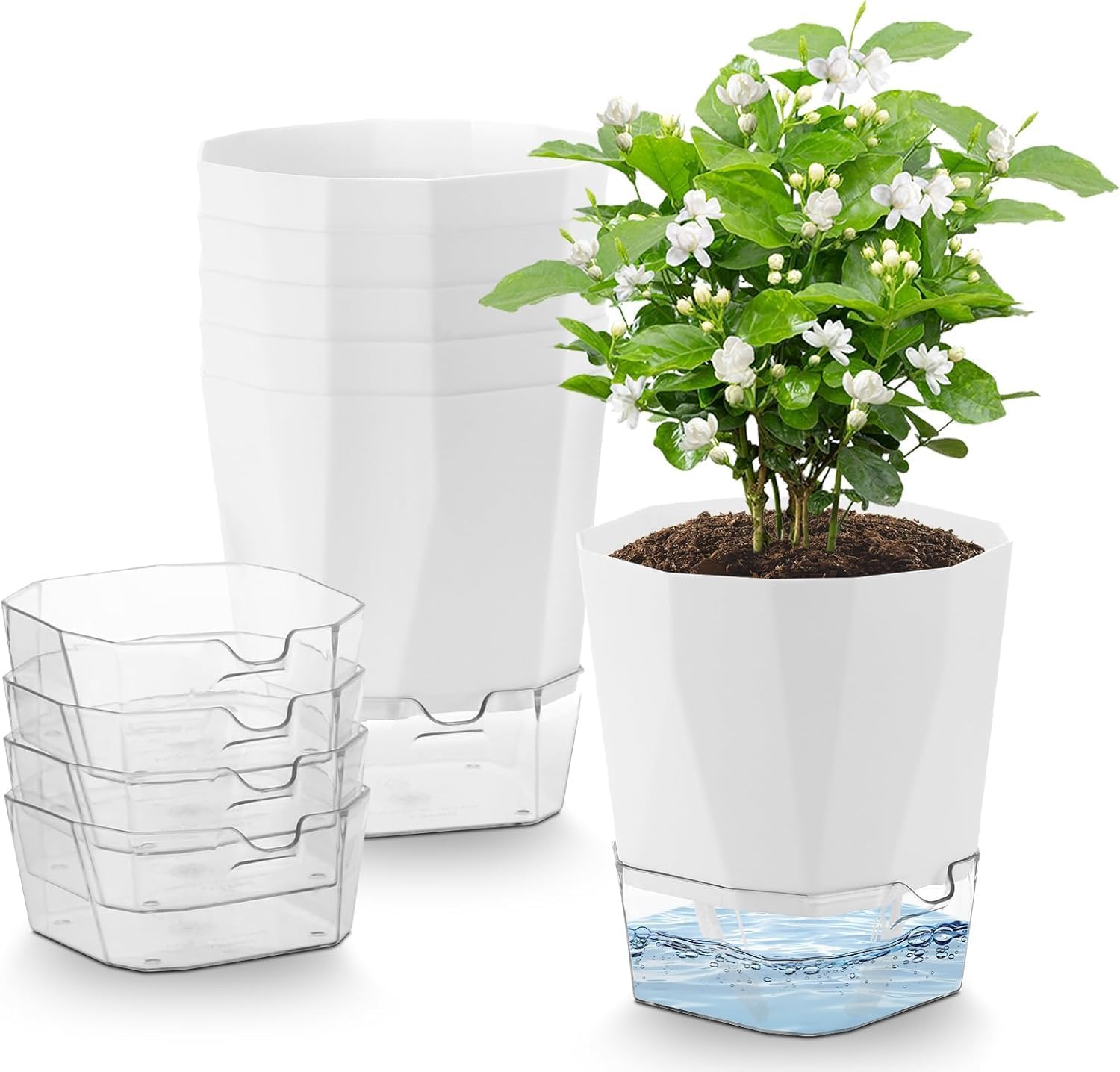6er Set Kräutertöpfe Küche Selbstbewässernd, 12.5cm Blumentopf Mit Bewässerungssystem, Selbstbewässerungstopf Mit Transparente Wasserspeicher,weiß