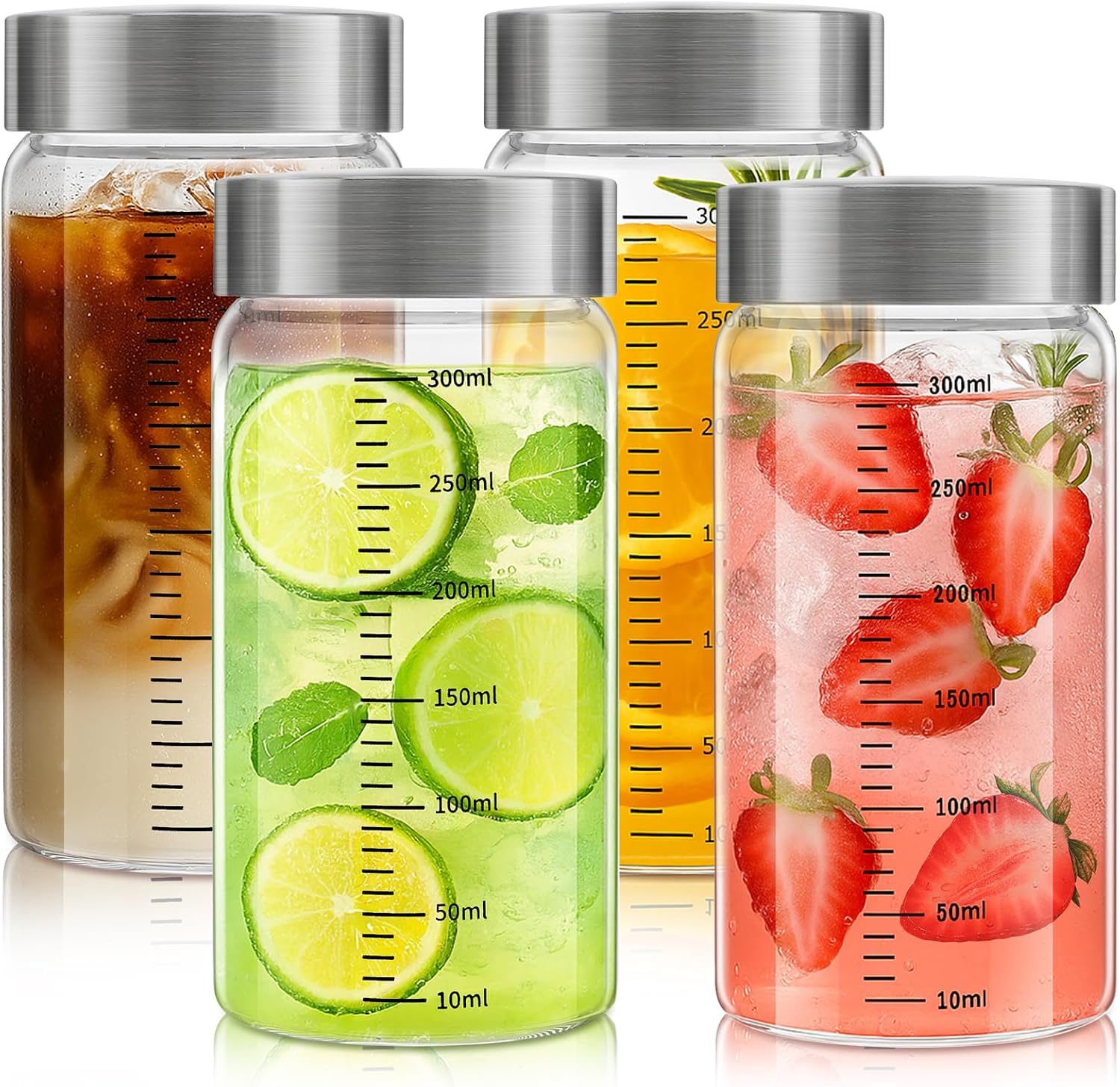Glasflaschen 300ml Mit Edelstahl Deckel, 4 Stück Glasflaschen Mit Messskala, Smoothie Flasche Wiederverwendbare Für Säfte, Milch, Nudeln,mehl,bpa-frei
