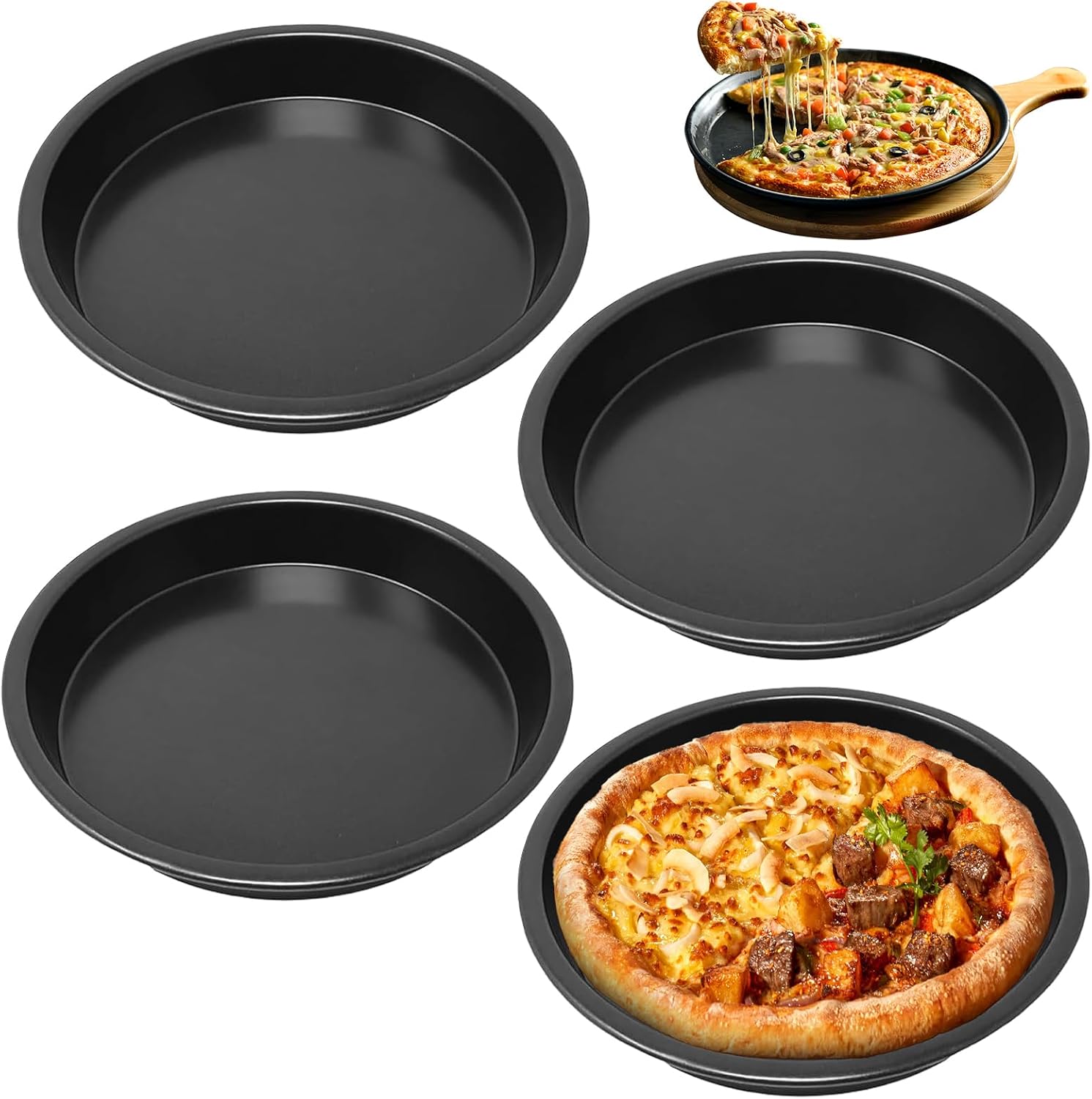 4 Stück Pizzablech, 20cm Pizzablech Rund Antihaftbeschichtet Pizza Blech Carbonstahl Pizzapfanne Schwarz Pizzaform Für Pizza Kuchen Pie Undflammkuchen