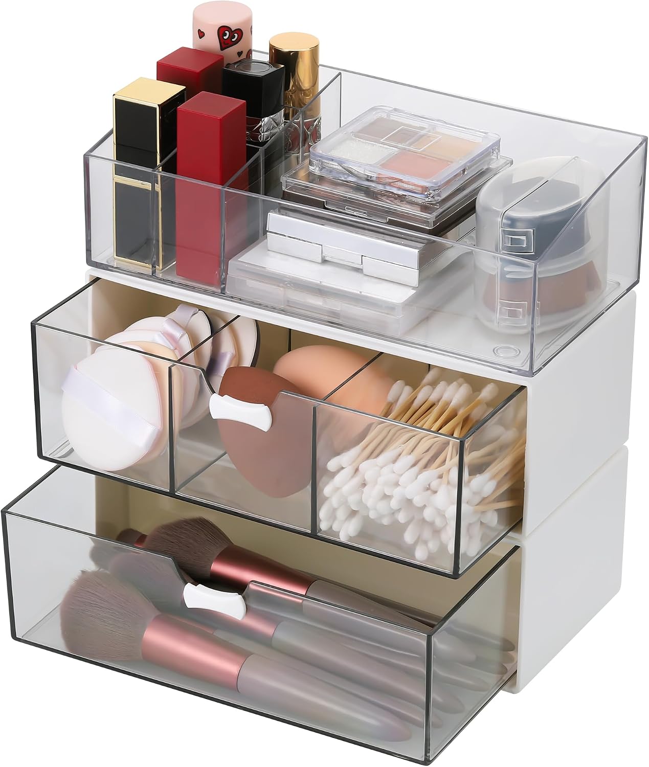 3 Stück Acryl Badezimmer Organizer,kosmetik Organizer Set,transparent Bad Schubladen Organizer,schminktisch Organizer,1 Fach+3 Fächer+lippenstiftfach