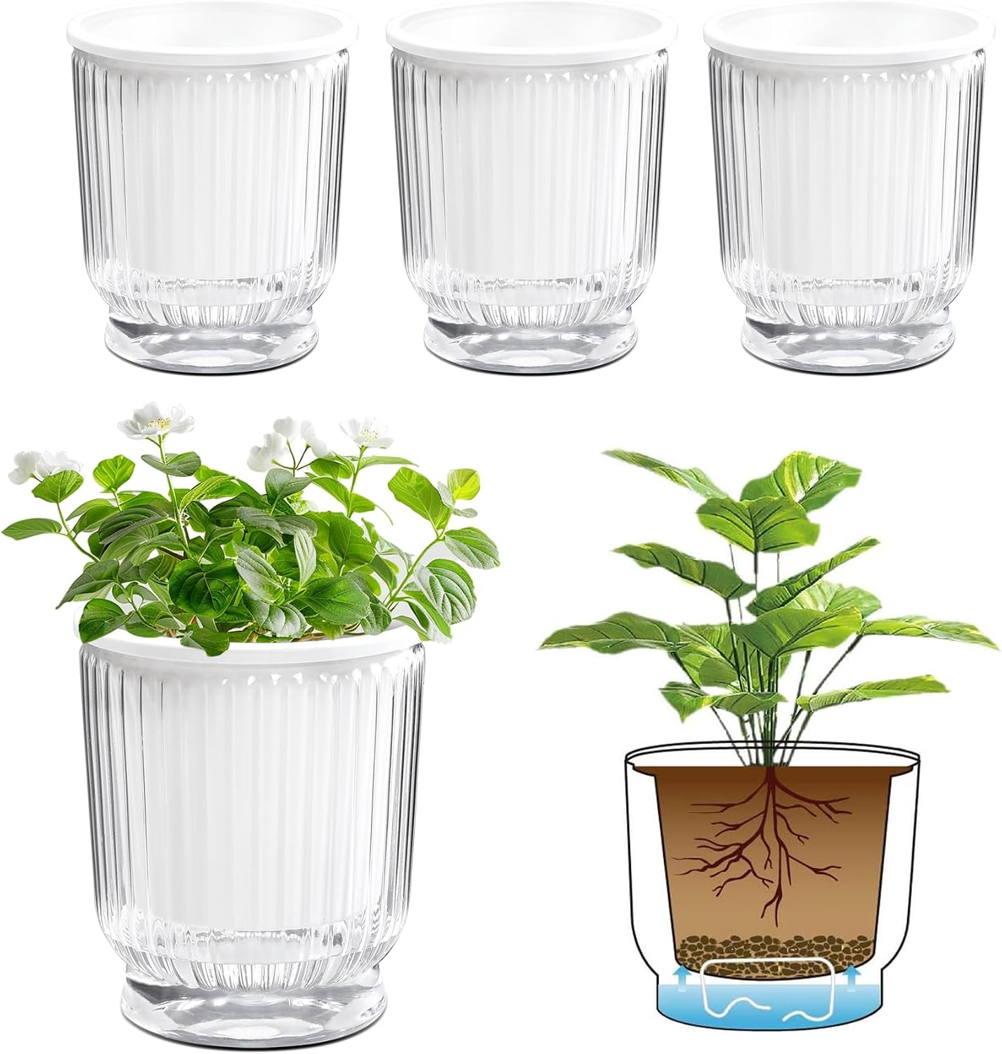 12cm Selbstbewässerungstopf Blumentöpfe Mit Baumwollseil Und Tiefem Wassertank 4 Stück, Für Orchideentopf Transparent,kräutertopf Hydrokultur Topf