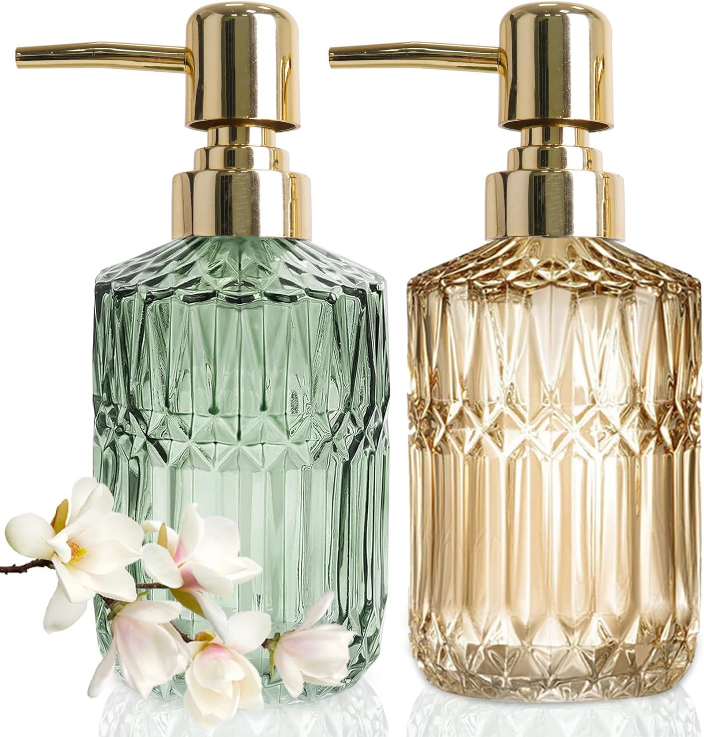 Seifenspender Grün Gold Glas, 450ml Shampoo Flaschen Zum Befüllen, Seifenspender Glas Mit Pumpe, Vintage Elegant Seifenspender 2er Set