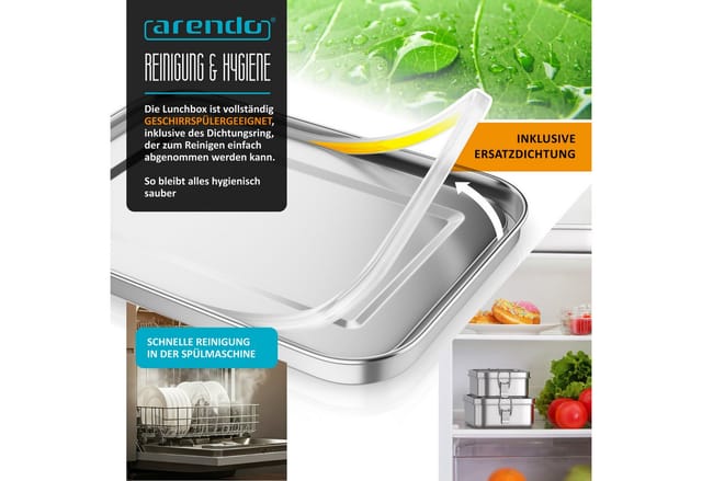 Arendo Lunchbox Edelstahl Brotdose 1400 ml mit Fächern, für Kinder und Erwachsene, Edelstahl, (1-tlg., 2 Trennstege, 2 Silikondichtungen), auslaufsicher, entnehmbare Trennstege, Dichtung, lebensmittelecht