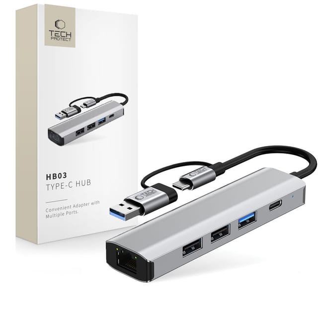 TECH PROTECT HB03 USB-Adapter USB-C Stecker, USB-A Stecker zu USB-A Buchse, USB-C Buchse, RJ45 Buchse, Multifunktionaler 5-in-1 Adapter mit schneller Datenübertragung