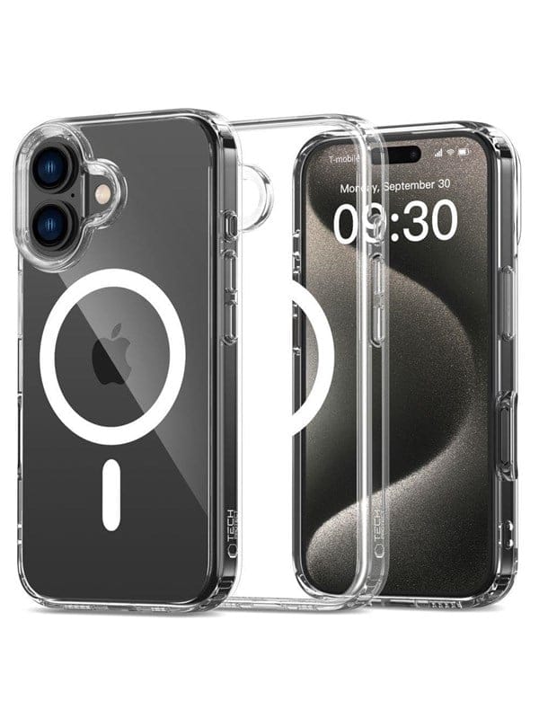 TECH PROTECT Handyhülle FlexAir Hybrid Mag Kompatibel mit iPhone 16 Transparent 6,1, Hybridhülle mit Magnetfunktion und verstärktem Kameraschutz