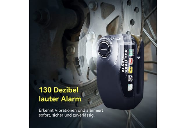 Senmudi Rahmenschloss Bremsscheibenschloss, Motorrad Schloss Alarm 110db (Wasserdichtes Hochsicherheits-Motorradschloss mit Fahrrad-Alarmanlage, Motorradschloss Alarmanlage, für Moped, Fahrrad, Scooter), Universal ø7 mm, mit Erinnerungsschnur