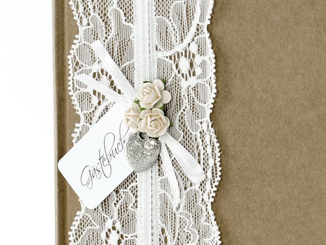 partydeco Notizbuch, Gästebuch 20x20cm mit Spitze / Rosen / Herz 44 blanko Seiten braun