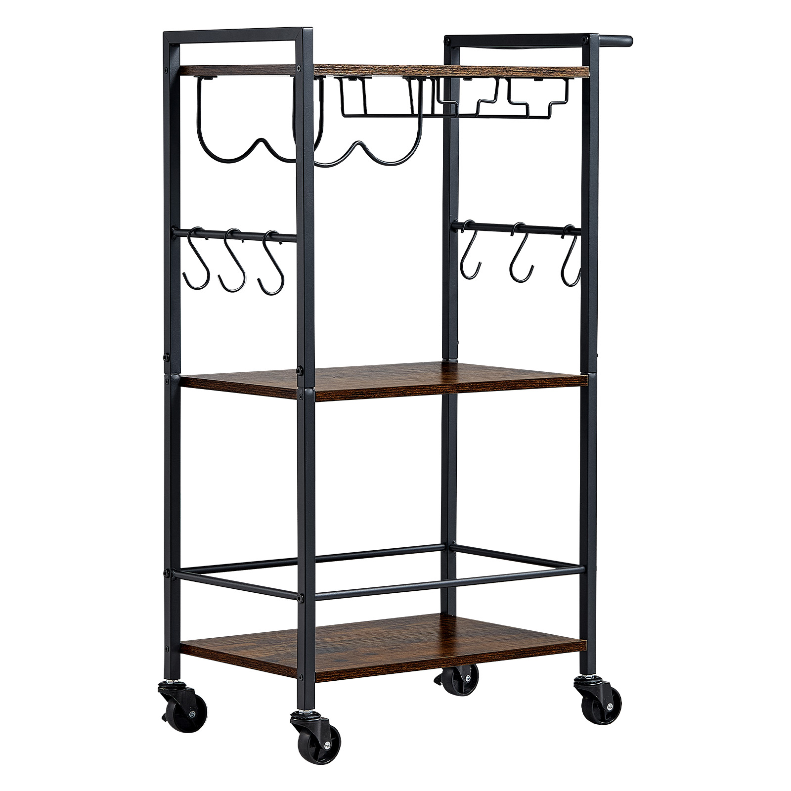 Vevor Barwagen 3 Ebenen, Servierwagen Getränkewagen Mit Weinregal & Glashalter, Industrieller Rollwagen, Küchenwagen Hausbar, 20 Kg Tragkraft Pro Ebene, 510 X 280 X 840 Mm, Rustikales Braun & Schwarz