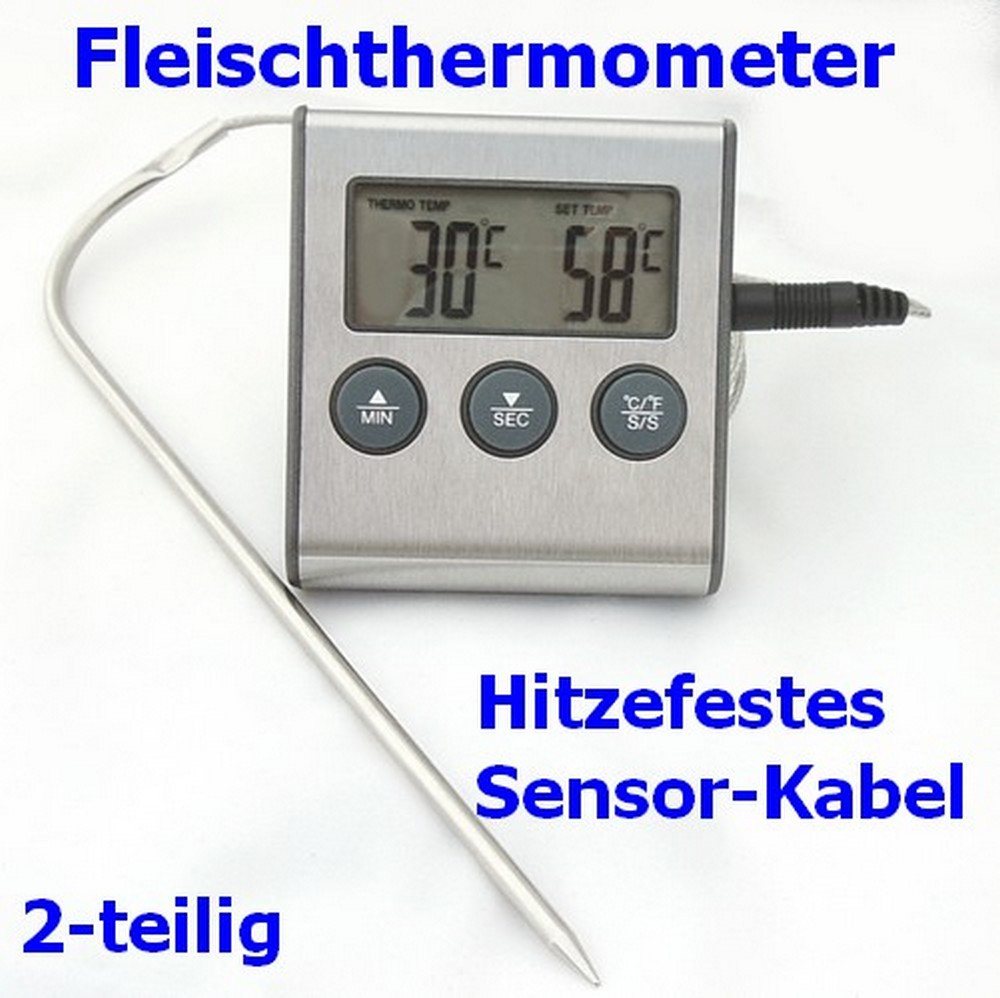 DIW Bratenthermometer Fleisch Braten Thermometer ET921 bis 250°C hitzefest, Packung, Komplettset, Einstichfühler, Kochmodus mit Alarm, Timer