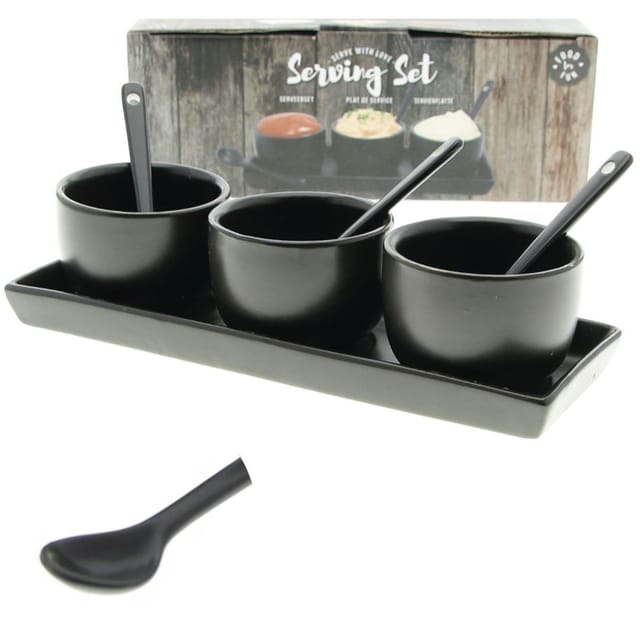 HIT Trading Dipschale Dip-Set mit Tablett, 3 Schalen und 3 Löffel, Porzellan, (7-tlg), Schwarz, Spülmaschinengeeignet