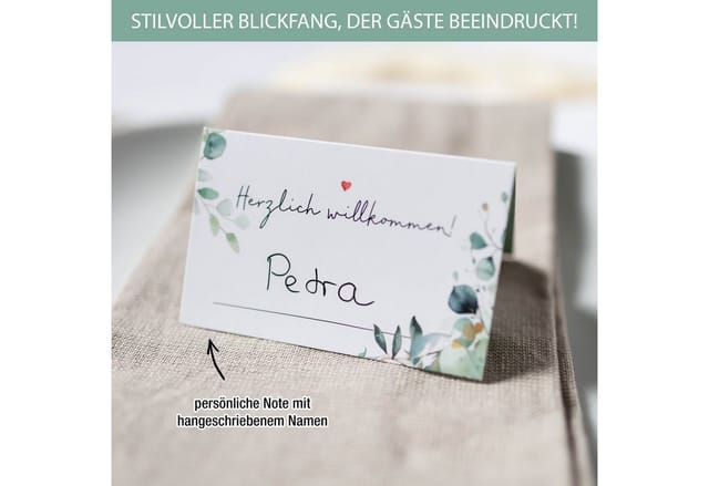 TOBJA Hochzeitskarte Tischkarten 50x Hochzeit Eukalyptus Platzkarten FSC, Platzkarten Namenskärtchen Blanko Namensschilder Tisch