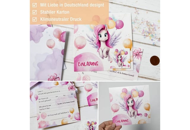 TOBJA Einladungskarten 10 Einladungskarten Einhorn inkl Umschläge und Sticker, Kindergeburtstag Mädchen Geburtstag Einladung Kinder