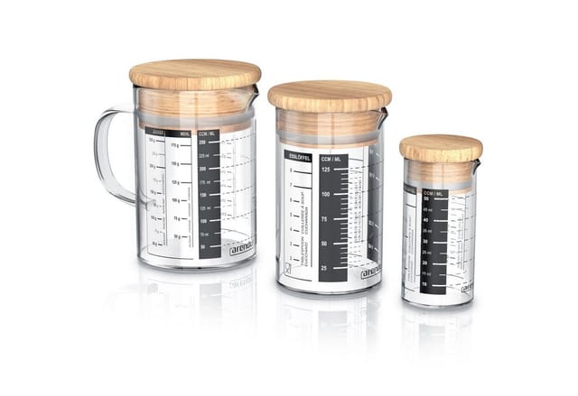 Arendo Messbecher 50ml, 125 ml & 250 ml Glas Messkrug Set mit Bambusdeckel, luftdicht, Glas, (Set, 3-St), Küchenbehälter, Silikondichtung, für Mehl Zucker Gewürze Süßigkeiten