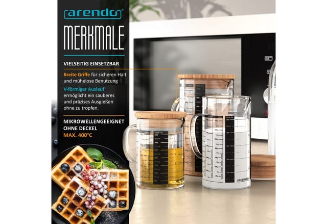 Arendo Messbecher 250ml, 500 ml & 1000 ml Glas Messkrug Set mit Bambusdeckel, luftdicht, Glas, (Set, 3-St), Küchenbehälter, Silikondichtung, für Mehl Zucker Gewürze Süßigkeiten