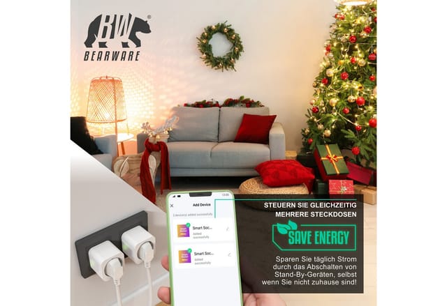 BEARWARE WLAN-Steckdose 2,4 Ghz WiFi Fernsteuerung per Smart life App, Sprachsteuerung, Spar-Set, 2-St., 2er Set, Countdown Timer, Ein und Ausschalttimer, Intervallmodus, Zeitschaltuhr
