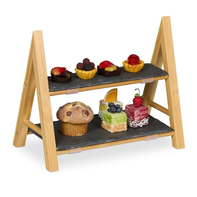 relaxdays Servierplatte 2-stöckige Etagere mit Schieferplatten, Schiefer