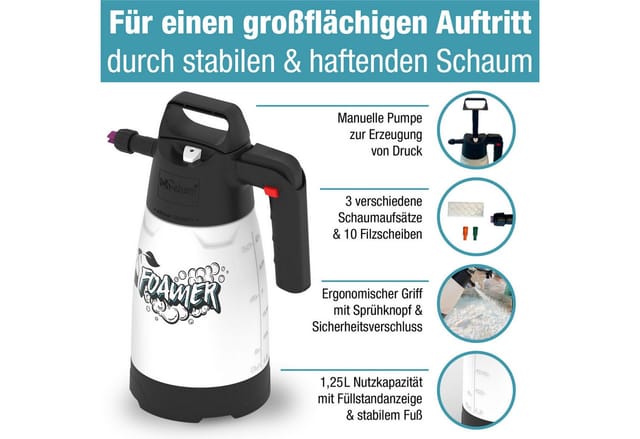 bio-chem Sprühflasche Schaumsprüher 1,25L – Drucksprühgerät mit variabler Schaumstärke