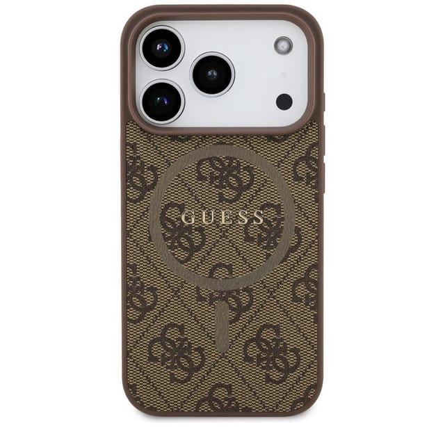 Guess Handyhülle MagSafe iPhone 17 Pro Kunstleder braun Logo Metall goldfarben 6,3 Zoll, Kantenschutz
